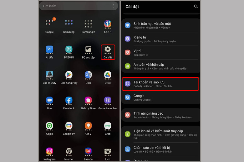 Chọn Tài khoản và sao lưu. Chọn Tài khoản và sao lưu.