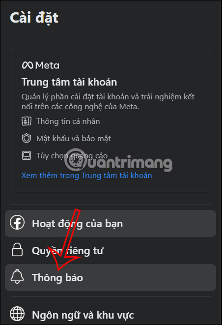 tìm mục Thông báo trong danh sách bên trái tìm mục Thông báo trong danh sách bên trái