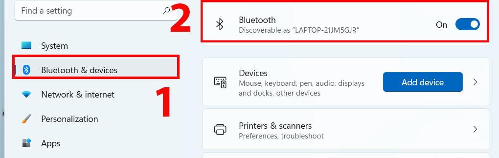 Trong Devices, chọn Bluetooth & other devices và bật Bluetooth nếu chưa được bật. Trong Devices, chọn Bluetooth & other devices và bật Bluetooth nếu chưa được bật.